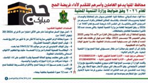 محافظ المنيا يدعو العاملين وأسرهم للتقدم لأداء فريضة الحج لعام 2026 وفق ضوابط وزارة التنمية المحلية