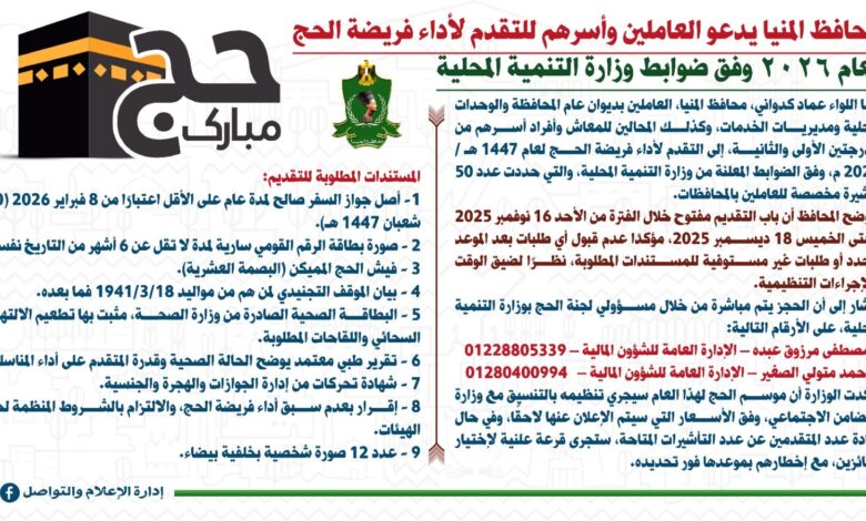   محافظ المنيا يدعو العاملين وأسرهم للتقدم لأداء فريضة الحج لعام 2026 وفق ضوابط وزارة التنمية المحلية