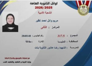محافظ المنيا يهنئ الطالبة مريم وائل الثانية على مستوى الجمهورية في الثانوية العامة