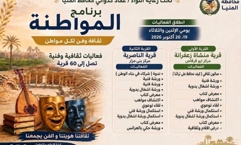 برنامج «المواطنة» يواصل فعالياته اليوم وغدًا بقريتي منشأة زعفرانة والناصرية بالمنيا